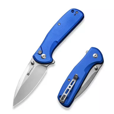 SENCUT S22043B-3 ArcBlast Flipper/Thumb Stud Folding Knife 2.98" Satin 9Cr18MoV Drop Point Plain Edge Blade, Bright Blue Aluminum Handle