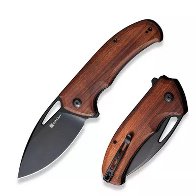 SENCUT S23014-4 Phantara Flipper/Thumb Hole Folding Knife 3.70" Black 9Cr18MoV Drop Point Plain Edge Blade, Guibourtia Wood Handle