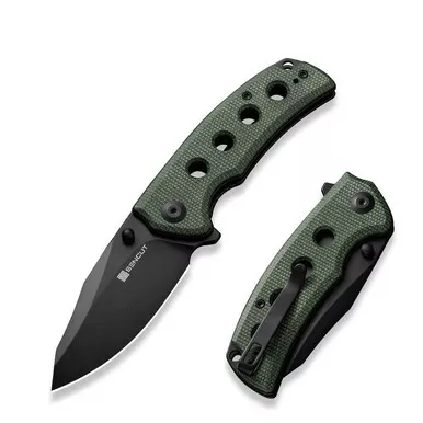 SENCUT S23068-3 Excalis Flipper/Thumb Stud Folding Knife 2.97" Black 9Cr18MoV Reverse Tanto Plain Edge Blade, Green Canvas Micarta Handle