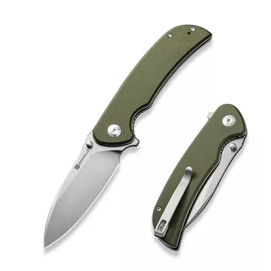 SENCUT S23077-1 Borzam Flipper/Thumb Stud Folding Knife 3.46" Satin 9Cr18MoV Drop Point Plain Edge Blade, OD Green G10 Handle