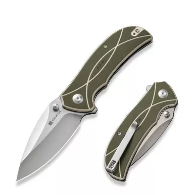 SENCUT S23097-2 Hyrax Flipper/Thumb Stud Folding Knife 3.30" Satin 9Cr18MoV Leaf Shaped Plain Edge Blade, Green/Ivory G10 Handle