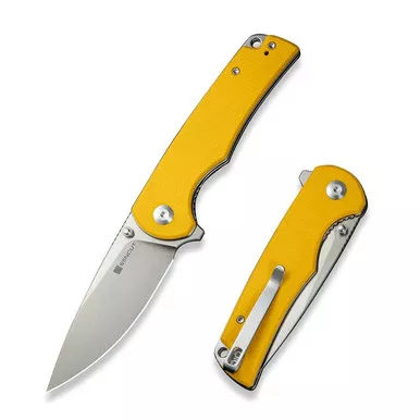 SENCUT S24019-2 Praktisk Flipper/Thumb Stud Folding Knife 3.59" Satin 9Cr18MoV Drop Point Plain Edge Blade, Yellow G10 Handle