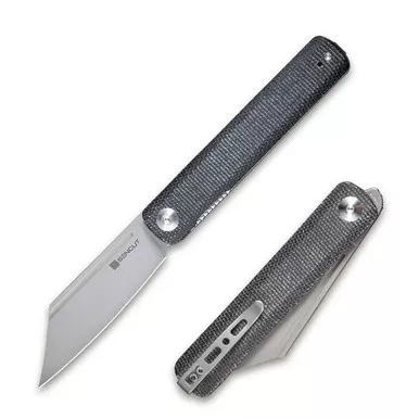 SENCUT SA08A Bronte Front Flipper Folding Knife 3.38" Stonewash 9Cr18MoV Reverse Tanto Plain Edge Blade, Black Micarta Handle