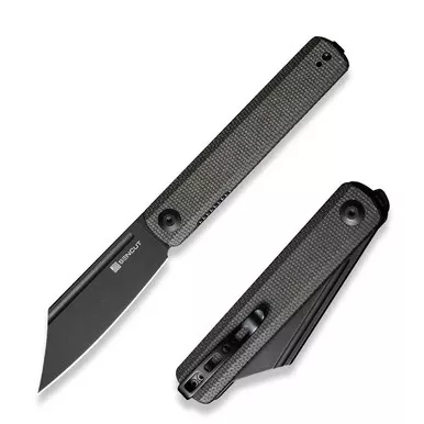 SENCUT SA08F Bronte Front Flipper Folding Knife 3.38" Black 9Cr18MoV Reverse Tanto Plain Edge Blade, Dark Green Canvas Micarta Handle