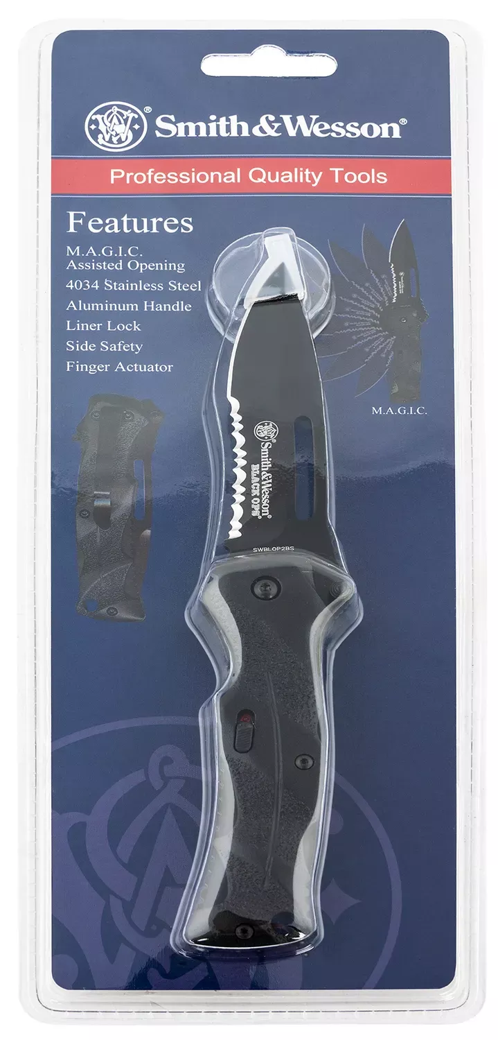 Smith & Wesson Black Ops 3.40" Folding Drop Point Part Serrated 4034 Stainless Steel Blade Black Aluminum Handle