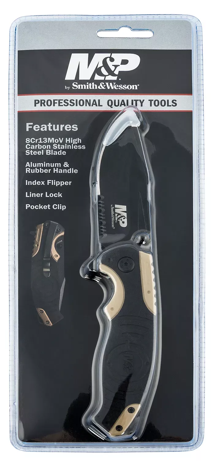 Smith & Wesson Knives Smith & Wesson M&P 3.50" Folding Drop Point Part Serrated Stonewash 8Cr13MoV SS Blade Black/Tan Aluminum Handle