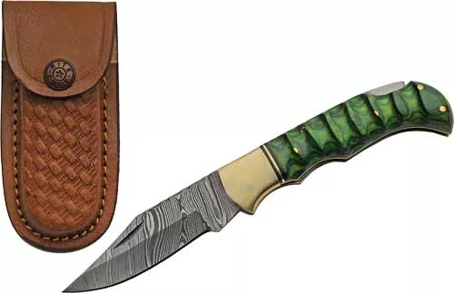 Szco Rite Edge 3″ Green – Grooved Wood Damascus Lockback