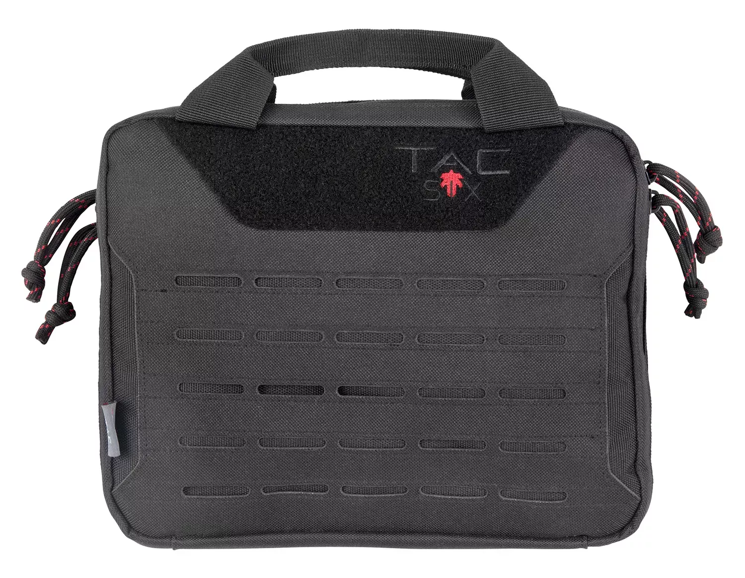Tac Six Crew Tactical Pistol Case made of Black 600D Polyester with MOLLE System, Lockable Compartments, Storage Pockets, 600D Lining & Carry Handel 10 L x 3″ W x 8″ H Interior Dimensions”