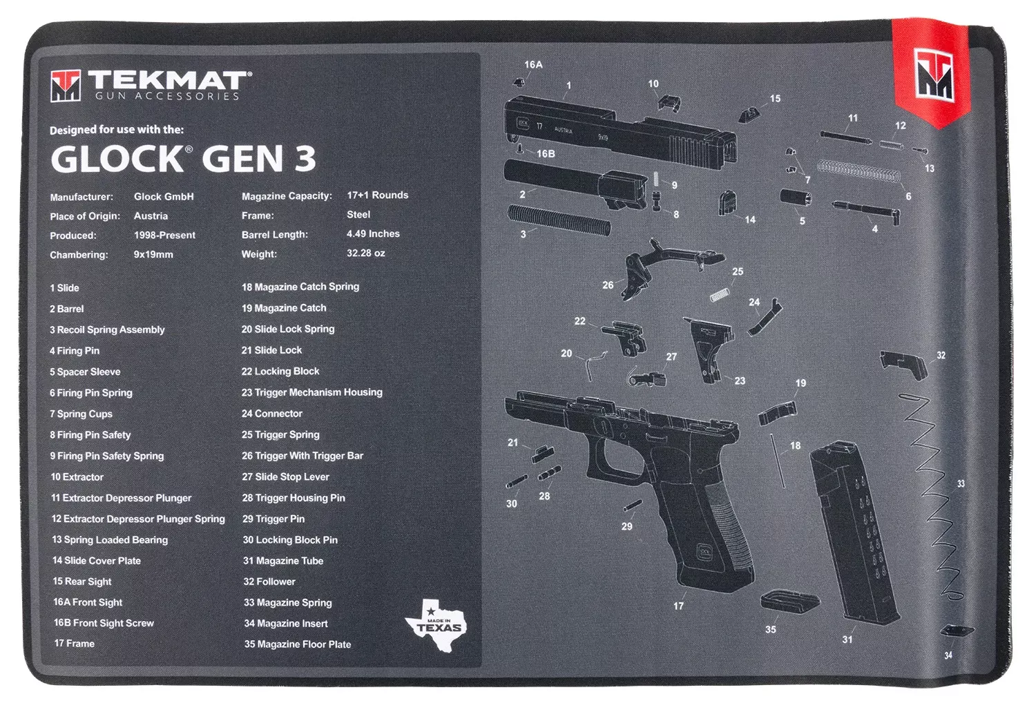 TekMat Black/White Rubber 17 Long 11″ x 17″ Glock Gen3 Parts Cleaning Mat”
