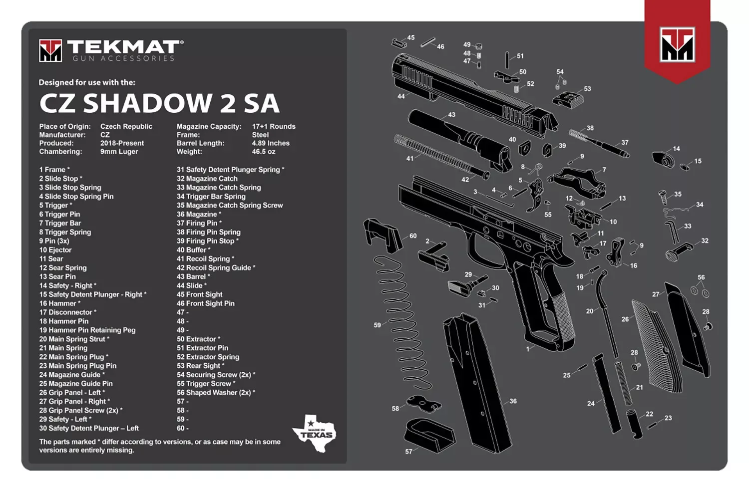 TekMat CZ Shadow 2 SA Original Mat Black/White Rubber 17 Long 11" x 17" CZ-75 Shadow 2 SA Diagram Illustration"
