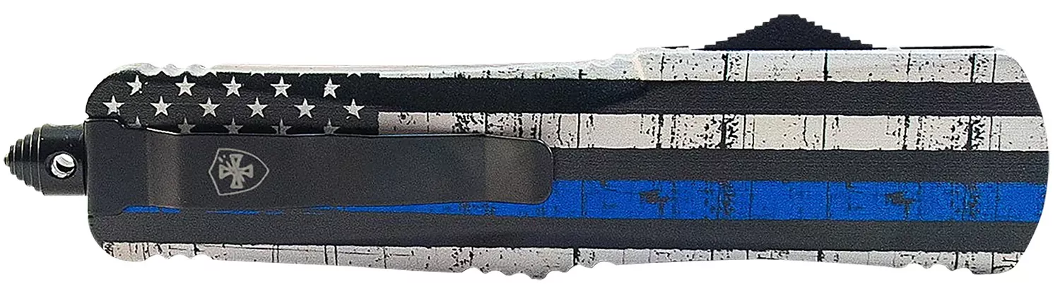Templar Knife Back The Blue Gen II Large 3.50" OTF Dagger Plain Black 440C SS Blade Blue/White/Black Zinc Aluminum Alloy Handle Features Glass Breaker/Pocket Clip