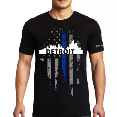 Thin Blue Line Men's Large Detroit Skyline Short Sleeve T-Shirt, Black