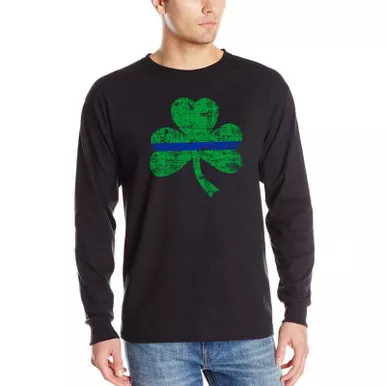 Thin Blue Line Men's St. Patrick's Shamrock Long Sleeve T-Shirt, Black