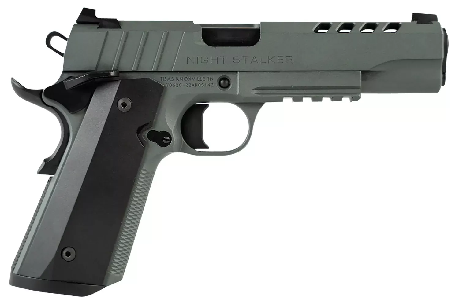 Tisas 10100512 1911 Night Stalker Full Size 45 ACP 8+1 5″ Black Steel Ramped Barrel, Platinum Grey Cerakote Ported/Serrated Slide & Frame w/Picatinny Rail & Beavertail, Ambidextrous
