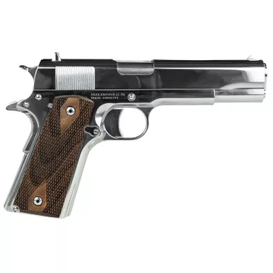 Tisas 10100513 1911 Regulator Full Size Frame 9mm Luger/38 Super 9+1 5" Stainless Steel Barrel, Polished Chrome Steel Serrated Slide, Chrome High Polished Steel Frame w/Beavertail, Turkish Walnut Grip