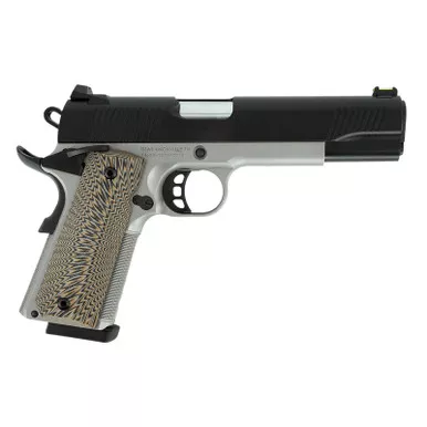 Tisas 10100803 1911 D10 FO Full Size Frame 10mm Auto 8+1 5" Hard Chrome Plated Steel Barrel, Black Cerakote Steel Serrated Slide, Stainless Steel Frame w/Beavertail, Black/Tan G10 Grip