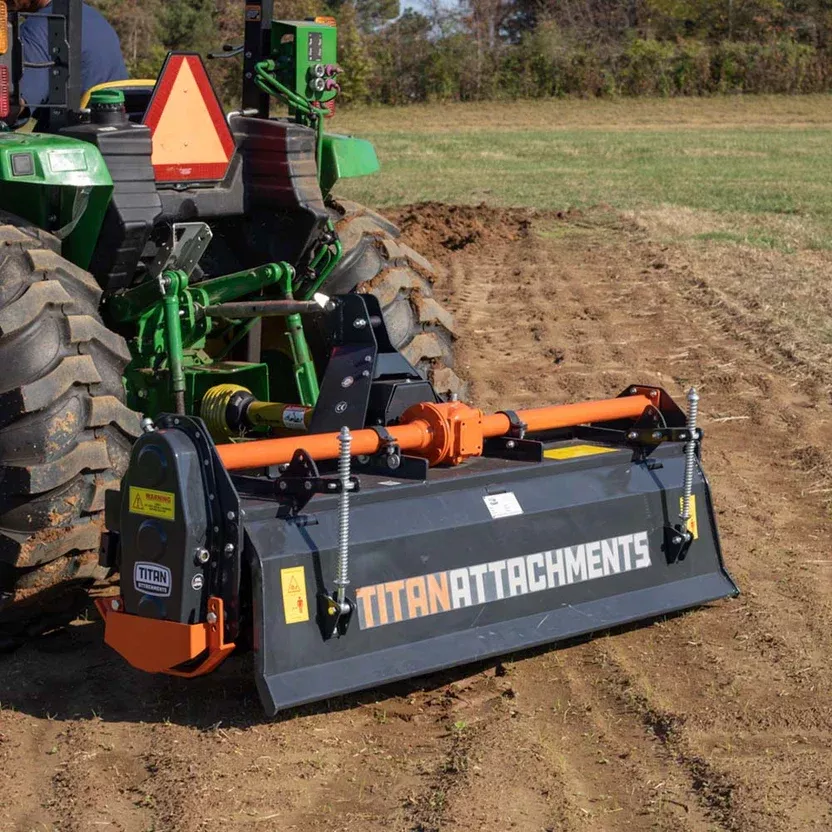 Titan Attachments Rotary Tiller | 48″–72″ Cutting Width | 2″–5″ Depth | 573–702 lbs | 540 RPM PTO | Powder-Coated Green or Charcoal | 25+ HP| For Tractors