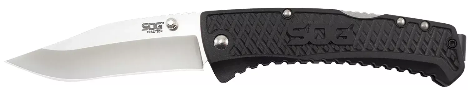 Traction3.50″ Folding Clip Point Plain Satin 5Cr13MoV SS Blade Black Textured GRN Handle Includes Pocket Clip