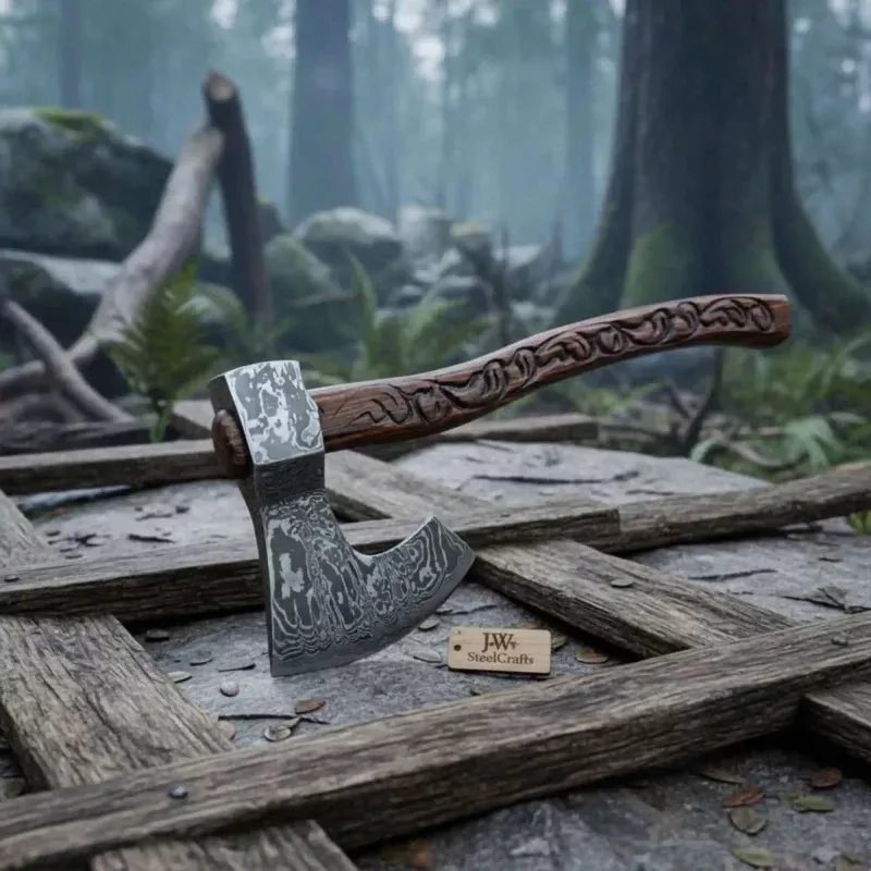 Traditional Woodsmans Bearded Axe, Hand-Carved Hardwood Handle, Pattern Steel Edge