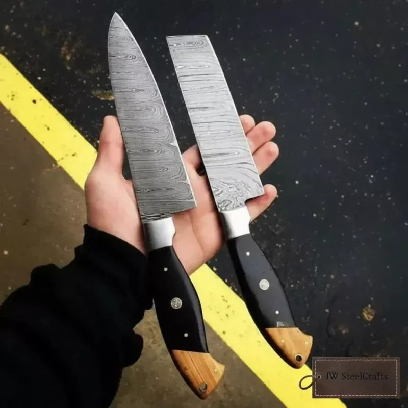 Twisted Damascus 12 Cleaver & 13 Chef KnifeBlack Micarta and Olive Wood
