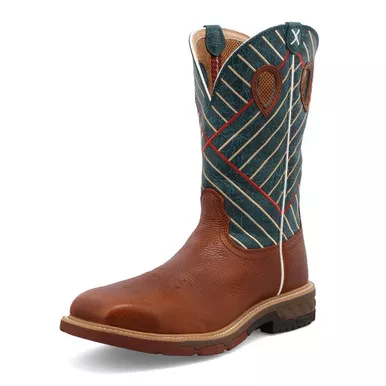 TWISTED X Mens Alloy Toe 12in CellStretch Cognac/Dark Green Western Work Boot (MXBA004)