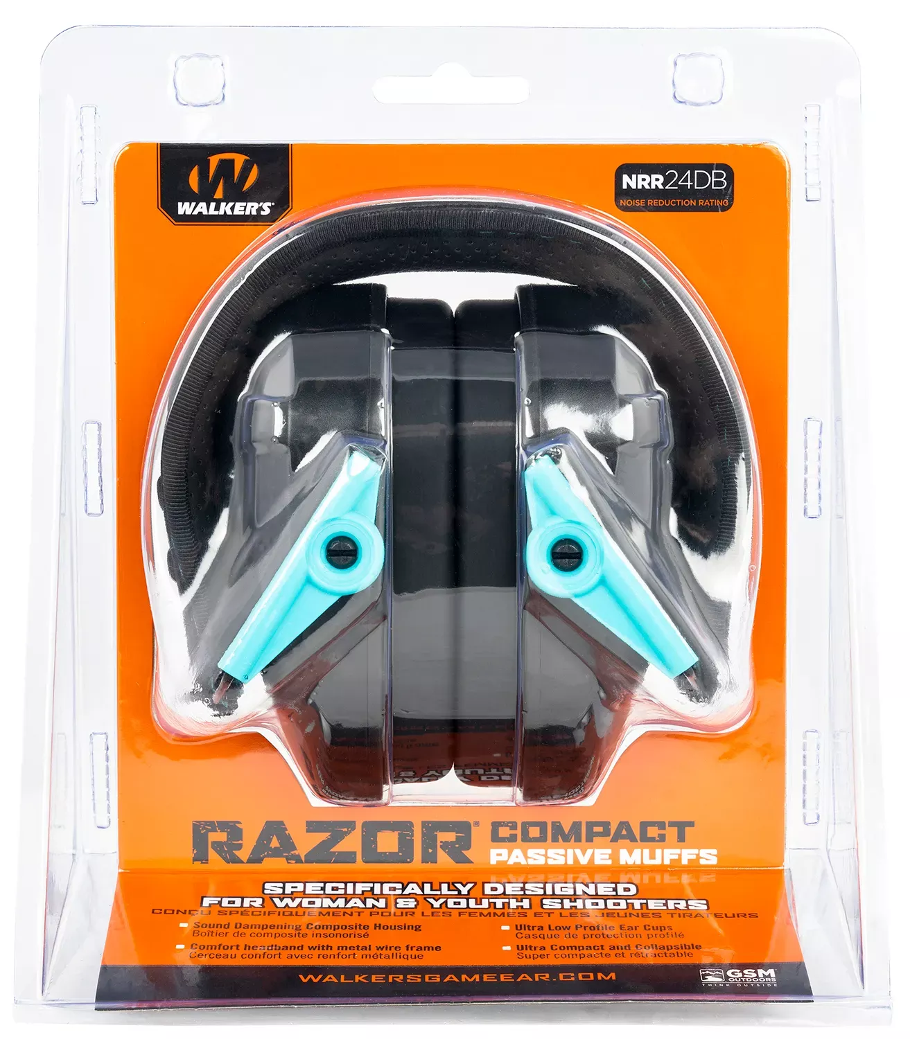 Walker’s Razor Compact Passive Muff 24 dB Over the Head Polymer Teal Ear Cups (Youth, Women)