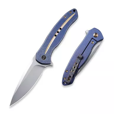 We Knife 2001F Kitefin Flipper Folding Knife 3.24" S35VN Drop Point Plain Edge Blade, Blue Titanium Handle