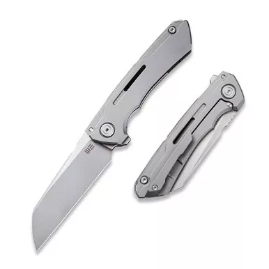 We Knife 2003A Mini Buster Flipper Folding Knife 3.43" 20CV Sheepsfoot Plain Edge Blade, Gray Titanium Handle