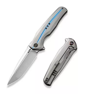 We Knife WE01J-2 601X Flipper Folding Knife 3.82" 20CV Drop Point Plain Edge Blade, Gray/Blue Titanium Handle