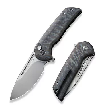 We Knife WE054BL-6 Mini Malice Flipper Folding Knife 2.98" 20CV Drop Point Plain Edge Blade, Tiger Stripe Flamed Titanium Handle