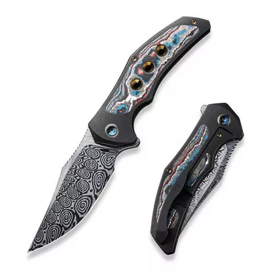 We Knife WE18058-DS1 Magnetron Flipper Folding Knife 3.76" Damasteel Clip Point Plain Edge Blade, Titanium/Carbon Fiber Handle