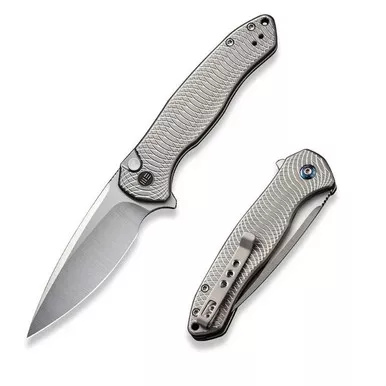 We Knife WE19002M-2 Button Lock Kitefin Flipper Folding Knife 3.22" 20CV Drop Point Plain Edge Blade, Satin/Gray Titanium Handle