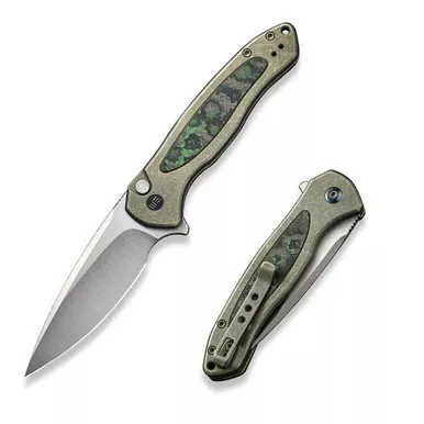We Knife WE19002N-2 Button Lock Kitefin Flipper Folding Knife 3.22" 20CV Drop Point Plain Edge Blade, Green Titanium/Carbon Fiber Handle