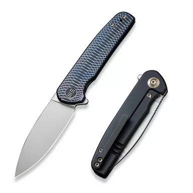 We Knife WE20052C-1 Shakan Flipper Folding Knife 2.97" 20CV Drop Point Plain Edge Blade, Black/Blue Titanium Handle