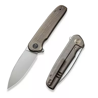 We Knife WE20052C-2 Shakan Flipper Folding Knife 2.97" 20CV Drop Point Plain Edge Blade, Bronze/Gold Titanium Handle