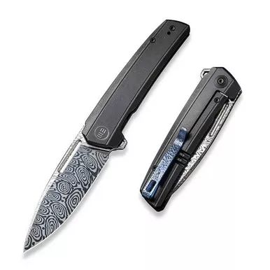 We Knife WE21021B-DS1 Speedster Flipper Folding Knife 3.47" Damasteel Drop Point Plain Edge Blade, Black Titanium Handle