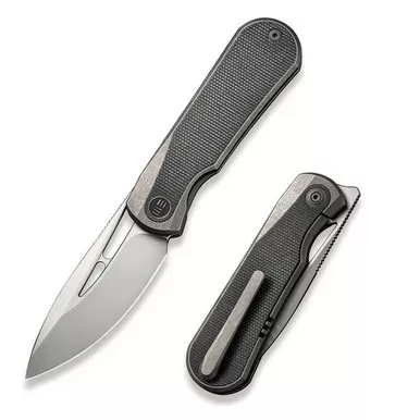 We Knife WE21033-4 Baloo Front Flipper Folding Knife 3.31" 20CV Drop Point Plain Edge Blade, Gray Titanium/Micarta Inlay Handle