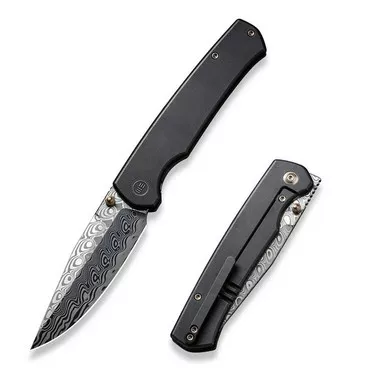 We Knife WE21046-DS1 Evoke Flipper Folding Knife 3.48" Damasteel Clip Point Plain Edge Blade, Black Titanium Handle