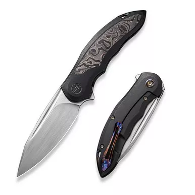 We Knife WE21048B-1 Makani Flipper Folding Knife 3.61" 20CV Drop Point Plain Edge Blade, Black Titanium/Copper Foil Carbon Fiber Inlay Handle