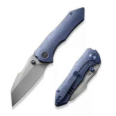 We Knife WE22005-3 High-Fin Thumb Stud Folding Knife 2.98" 20CV Reverse Tanto Plain Edge Blade, Blue Titanium Handle