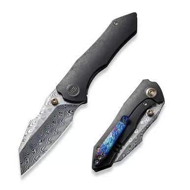 We Knife WE22005-DS1 High-Fin Thumb Stud Folding Knife 2.98" Damasteel Reverse Tanto Plain Edge Blade, Black Titanium Handle