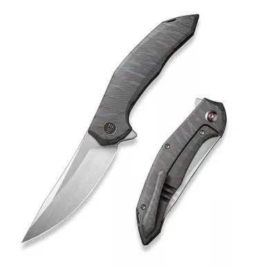 We Knife WE22008A-3 Merata Flipper Folding Knife 3.68" 20CV Trailing Point Plain Edge Blade, Tiger Stripe Flamed Titanium Handle