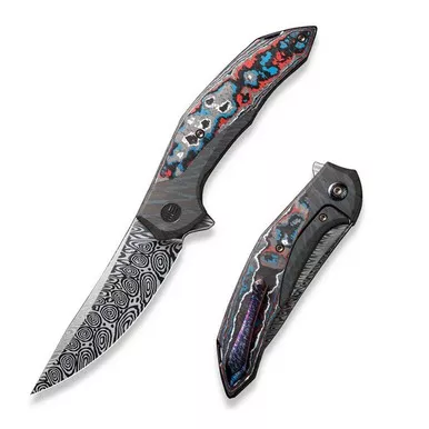 We Knife WE22008B-DS1 Merata Flipper Folding Knife 3.68" Damasteel Trailing Point Plain Edge Blade, Tiger Stripe Flamed Titanium/Nebula Fat Carbon Fiber Handle