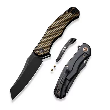 We Knife WE22010G-3 RekkeR Flipper Folding Knife 3.61" 20CV Reverse Tanto Plain Edge Blade, Gold/Black Titanium Handle