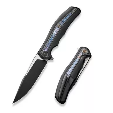 We Knife WE22016-1 Zonda Flipper Folding Knife 4.05" 20CV Clip Point Plain Edge Blade, Black Titanium/Twill Carbon Fiber Flamed Inlay Handle