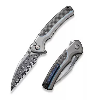 We Knife WE22024A-DS1 Ziffius Flipper Folding Knife 3.70" Damasteel Wharncliffe Plain Edge Blade, Gray Titanium/Twill Carbon Fiber Handle