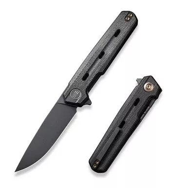 We Knife WE22026-1 Navo Flipper Folding Knife 3.25" 20CV Drop Point Plain Edge Blade, Black Titanium/Canvas Micarta Handle