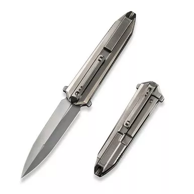 We Knife WE22032-2 Diatomic Flipper Folding Knife 3.78" 20CV Dagger Plain Edge Blade, Polished Titanium Handle