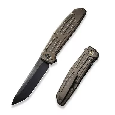 We Knife WE22035-3 Shadowfire Flipper Folding Knife 3.97" 20CV Tanto Plain Edge Blade, Bronze Titanium Handle