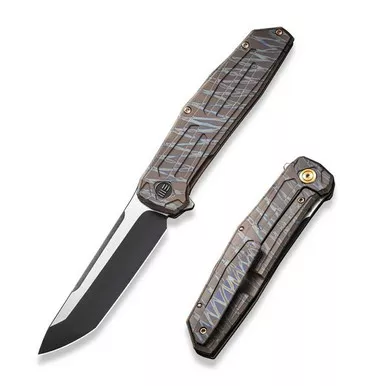 We Knife WE22035-4 Shadowfire Flipper Folding Knife 3.97" 20CV Tanto Plain Edge Blade, Tiger Stripe Flamed Titanium Handle